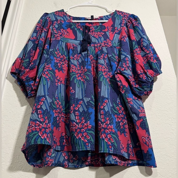 Michelle Mcdowell Floral Abstract Pink Blue Tie Neck Short Sleeve Blouse Size M - Picture 3 of 7